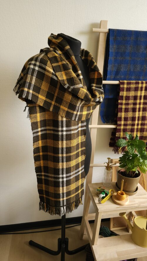 Handwoven Dark Olive Yellow White Merino Wool Scarf