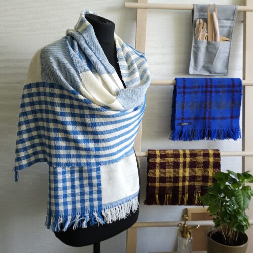Handwoven white blue merino 100% wool shawl