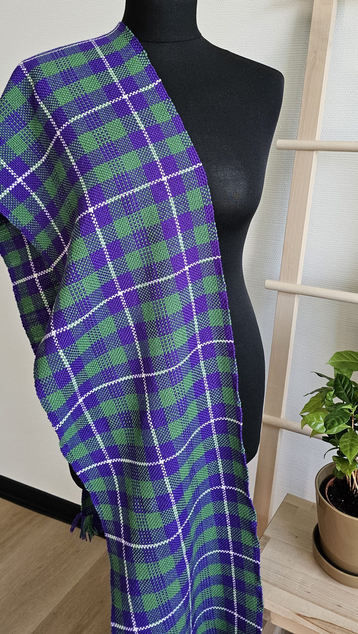 Handwoven Green Purple White Merino Wool Scarf