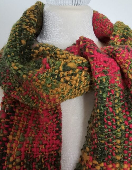 Handwoven magenta green yellow handspun wool scarf
